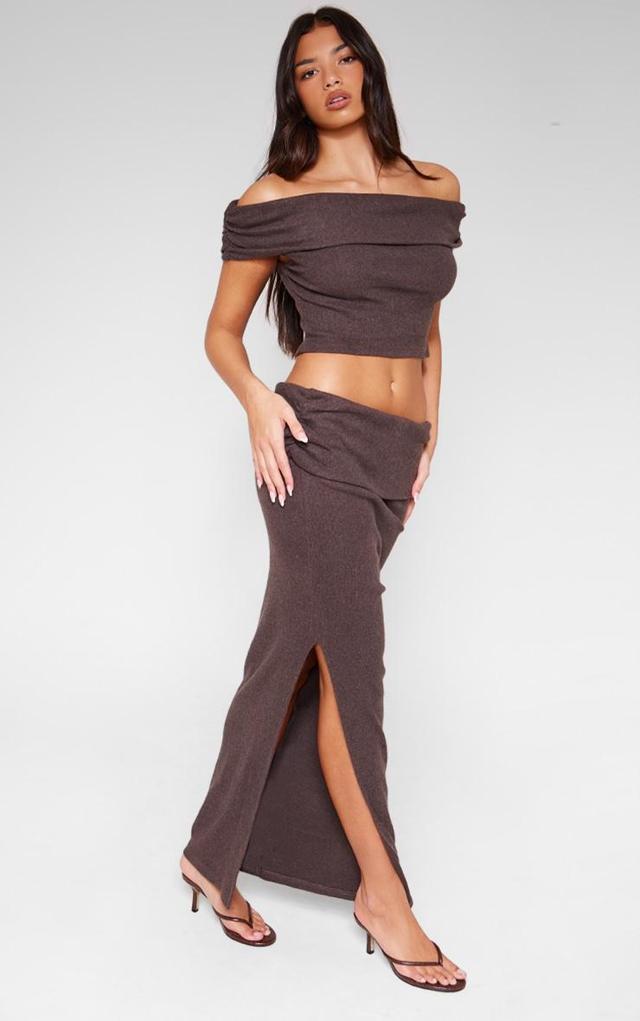 Chocolate Brushed Rib Ruched Detail Foldover Maxi Skirt Product Image