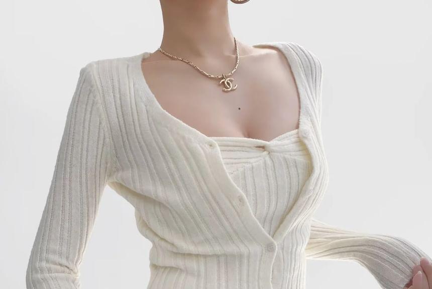 Set: V-Neck Plain Crop Cardigan + Cami Top Product Image