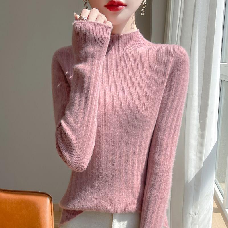 Mock Neck Plain Ribbed Knitted Sweater Product Image