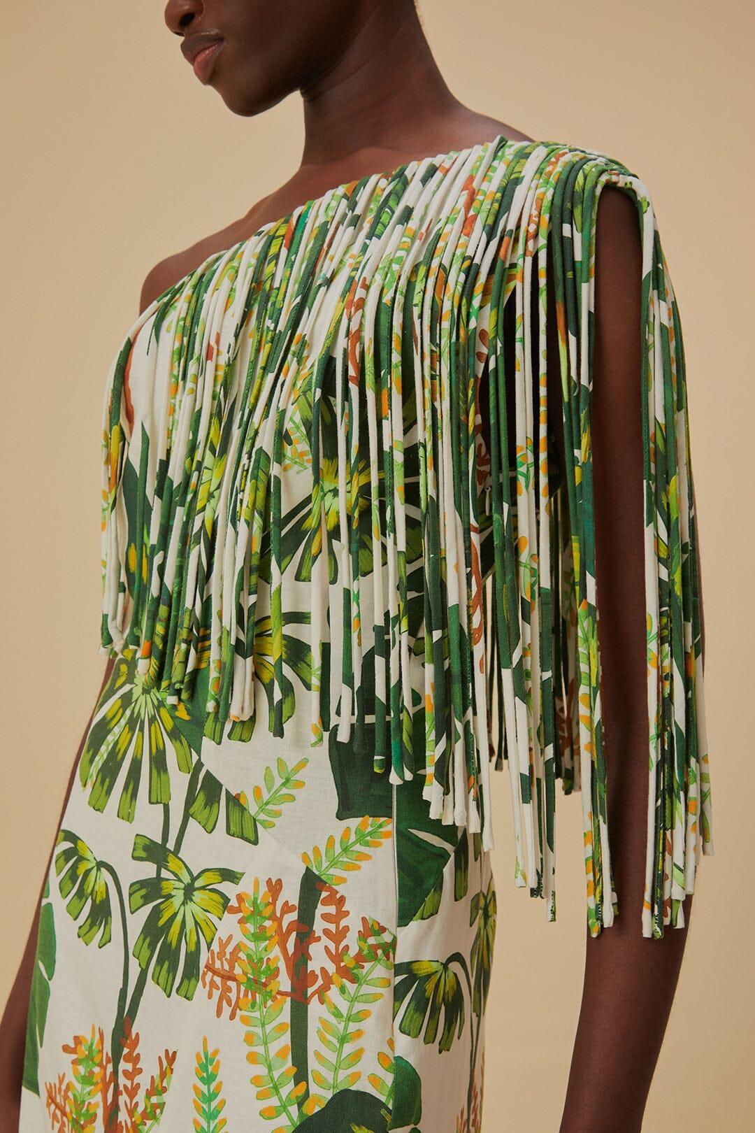 Tropical Forest Off-White Fringed Midi Dress Product Image