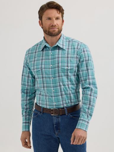 Wrangler® Men's L/S Turquoise Plaid Wrinkle Resist Classic Fit Snap Shirt Product Image