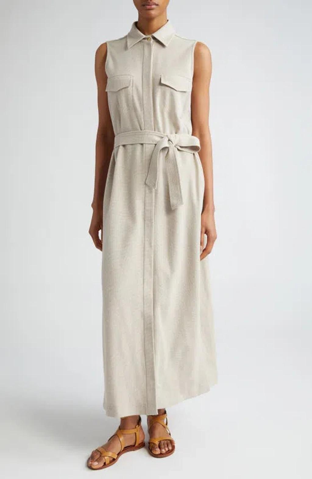 Lampo Sleeveless Belted Pique Knit Maxi Shirtdress In Beige Product Image