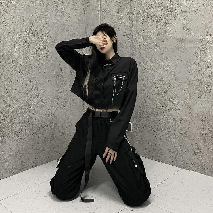 Long-Sleeve Plain Drawstring Hem Crop Shirt / Elastic Waist Loose Fit Cargo Pants Product Image