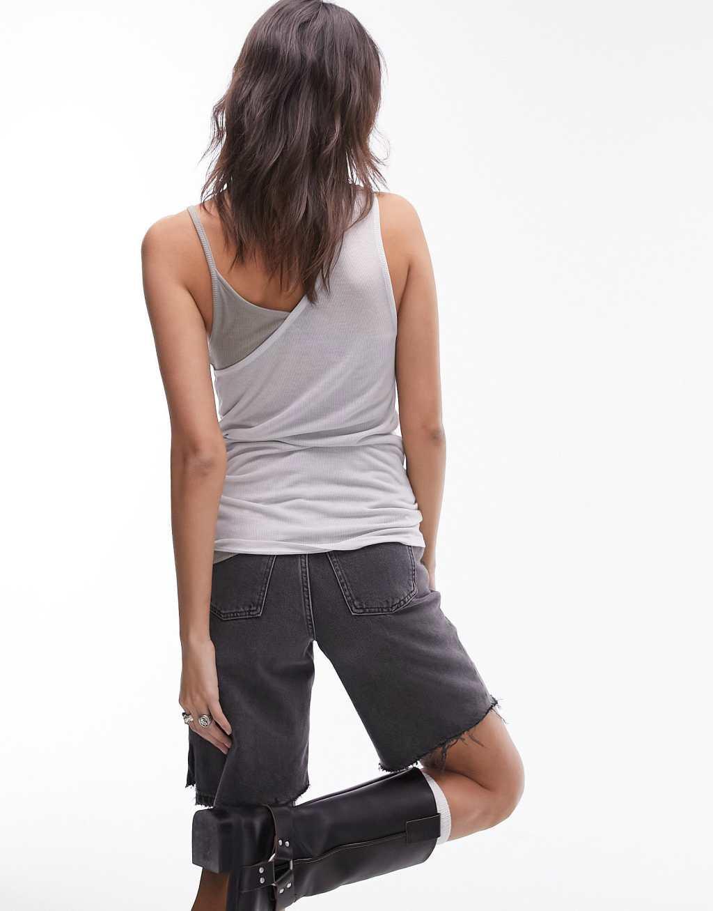 Topshop premium basic sheer double layer asymmetric cami in gray Product Image