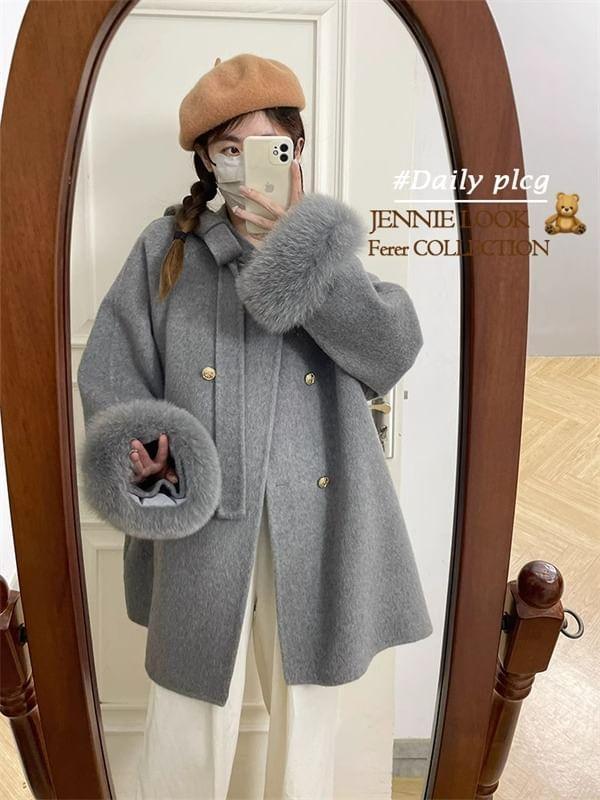 Plain Fluffy Trim Double-Breasted Coat Product Image