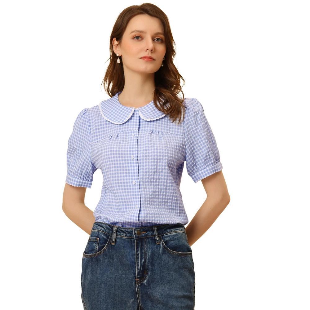 Allegra K Women's Plaid Puff Short Sleeve Button Down Peter Pan Collar Shirt Blue Small Product Image