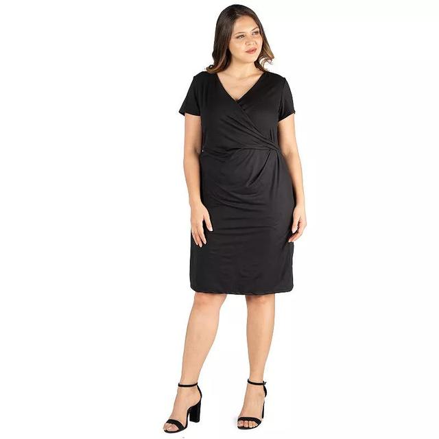 Plus Size 24seven Comfort Apparel Short Sleeve V-Neck Faux Wrap Dress, Womens Black Product Image