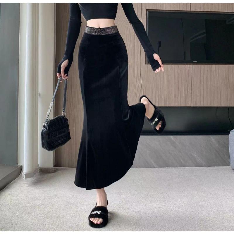 High Waist Rhinestone Velvet Midi Mermaid Skirt Product Image