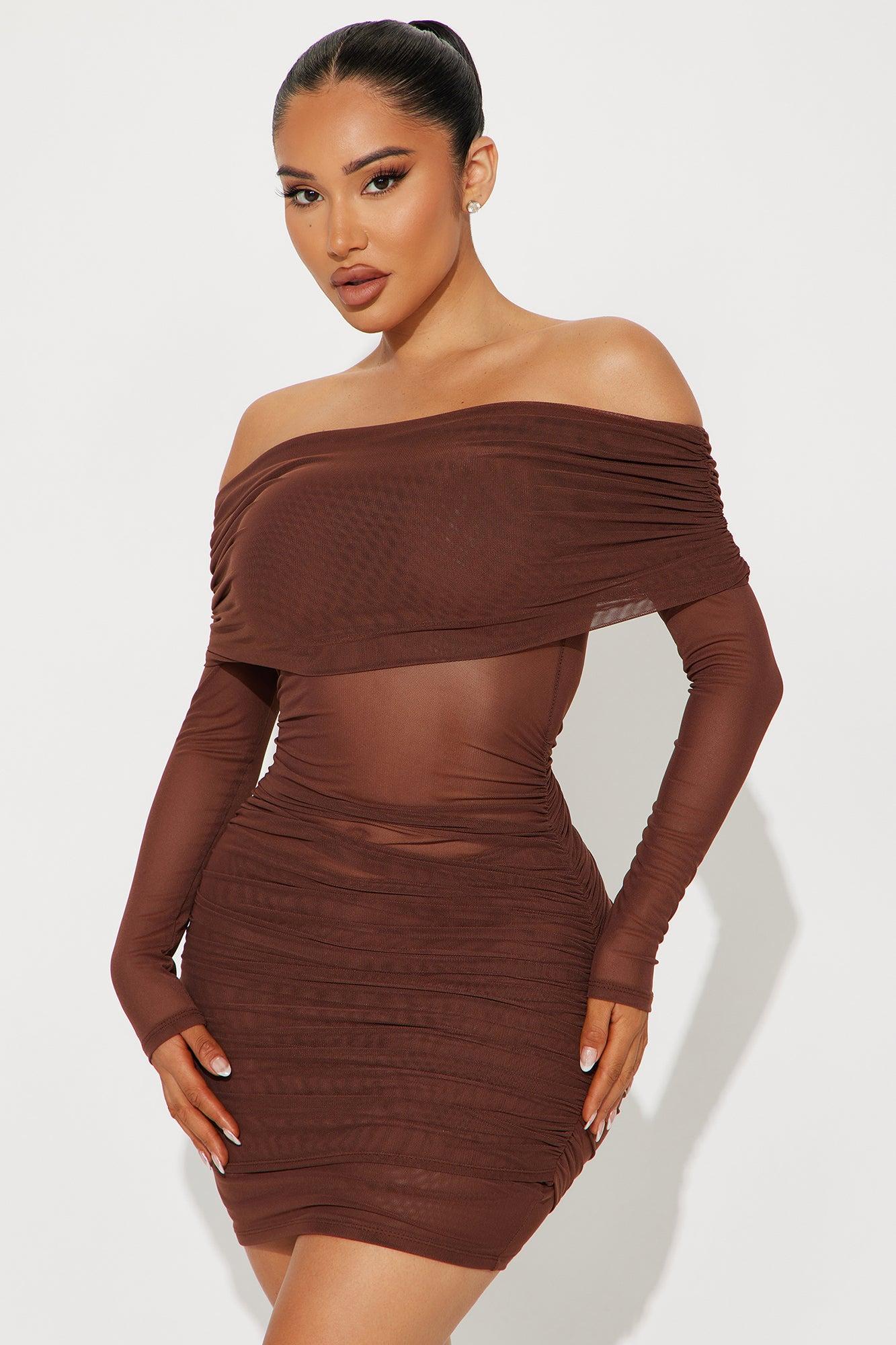 Adeline Off Shoulder Mini Dress - Chocolate Product Image