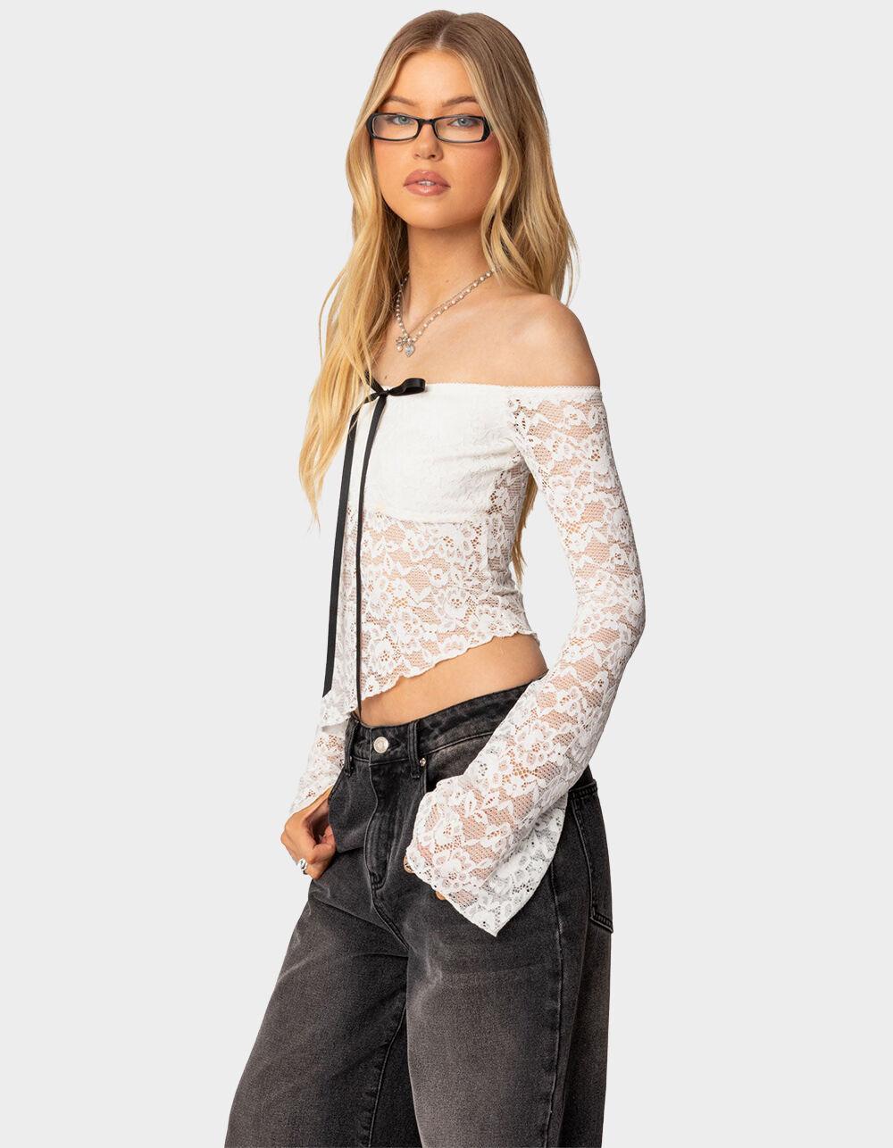 EDIKTED Asymmetric Sheer Lace Off Shoulder Top Product Image