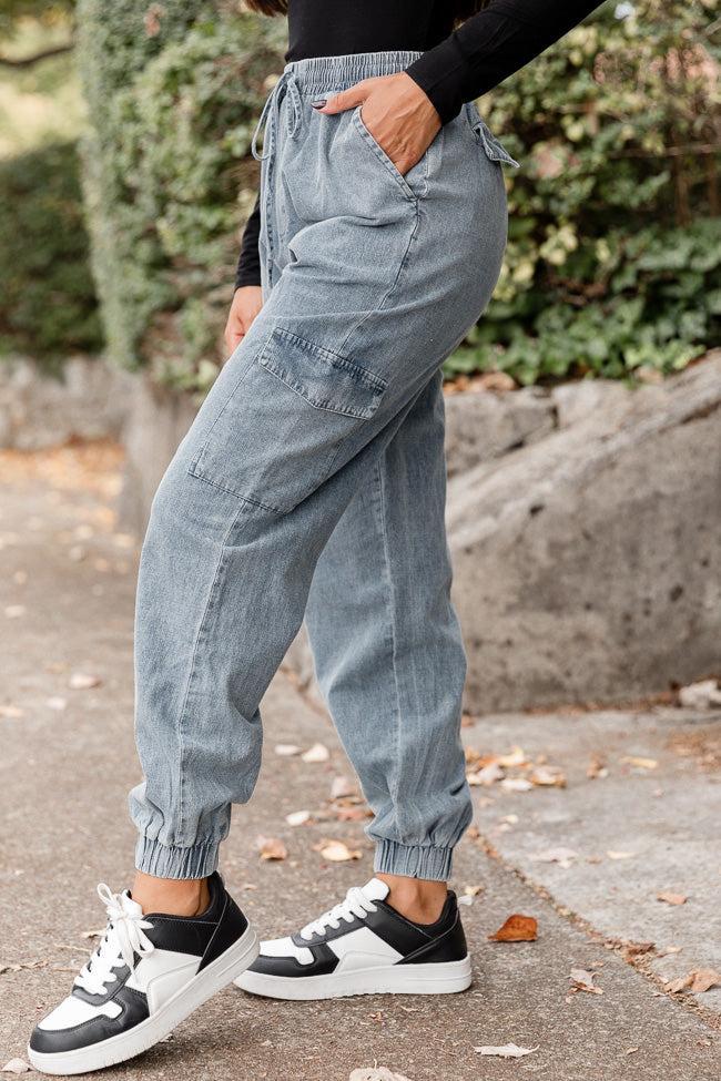 Keep Moving Forward Light Wash Chambray Cargo Joggers Product Image