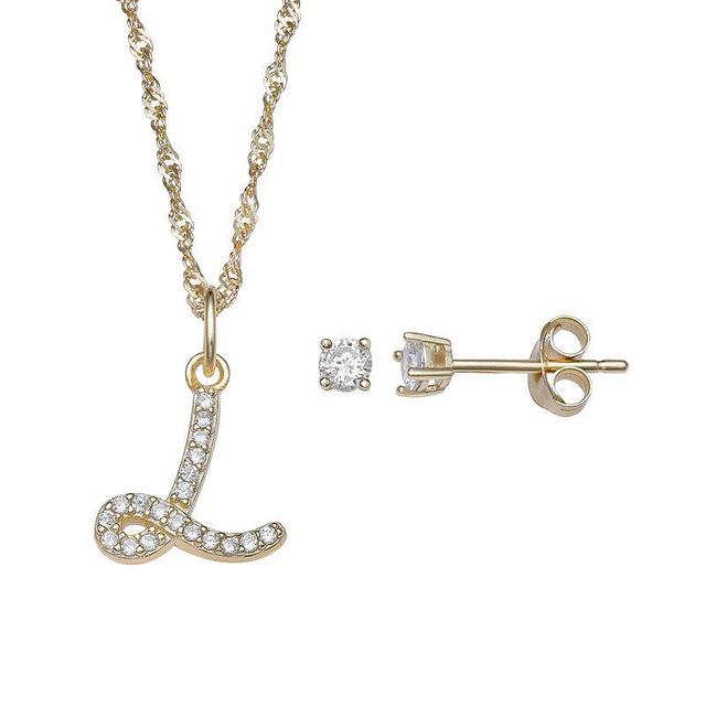 LC Lauren Conrad Sterling Silver Cubic Zirconia Stud Earrings & Initial Pendant Necklace Set, Womens Gold Tone T Product Image