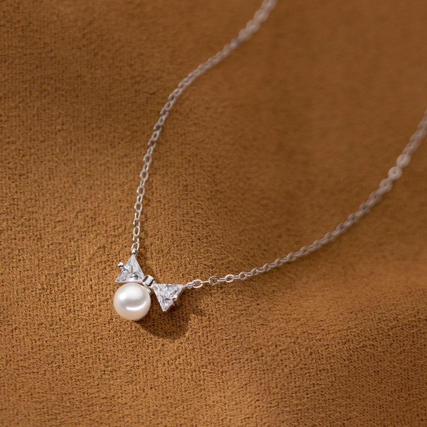 S925 Sterling Silver Bow Rhinestone Faux Pearl Pendant Necklace Product Image