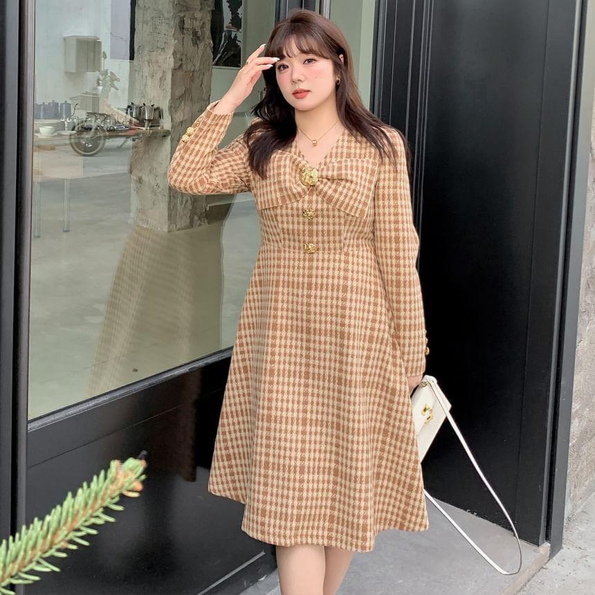 Plus Size Long-Sleeve V-Neck Plaid Bow Midi A-Line Dress Product Image