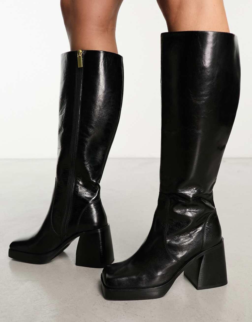 ASOS DESIGN Cascade leather knee boots in black Product Image