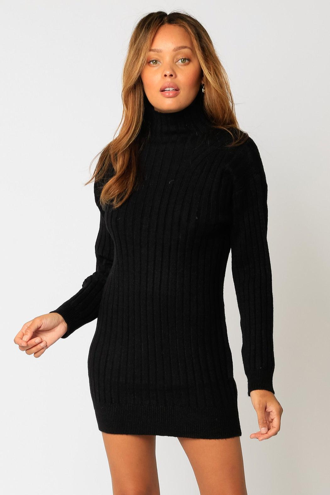 Black Ribbed Mock Neck Sweater Dress Product Image