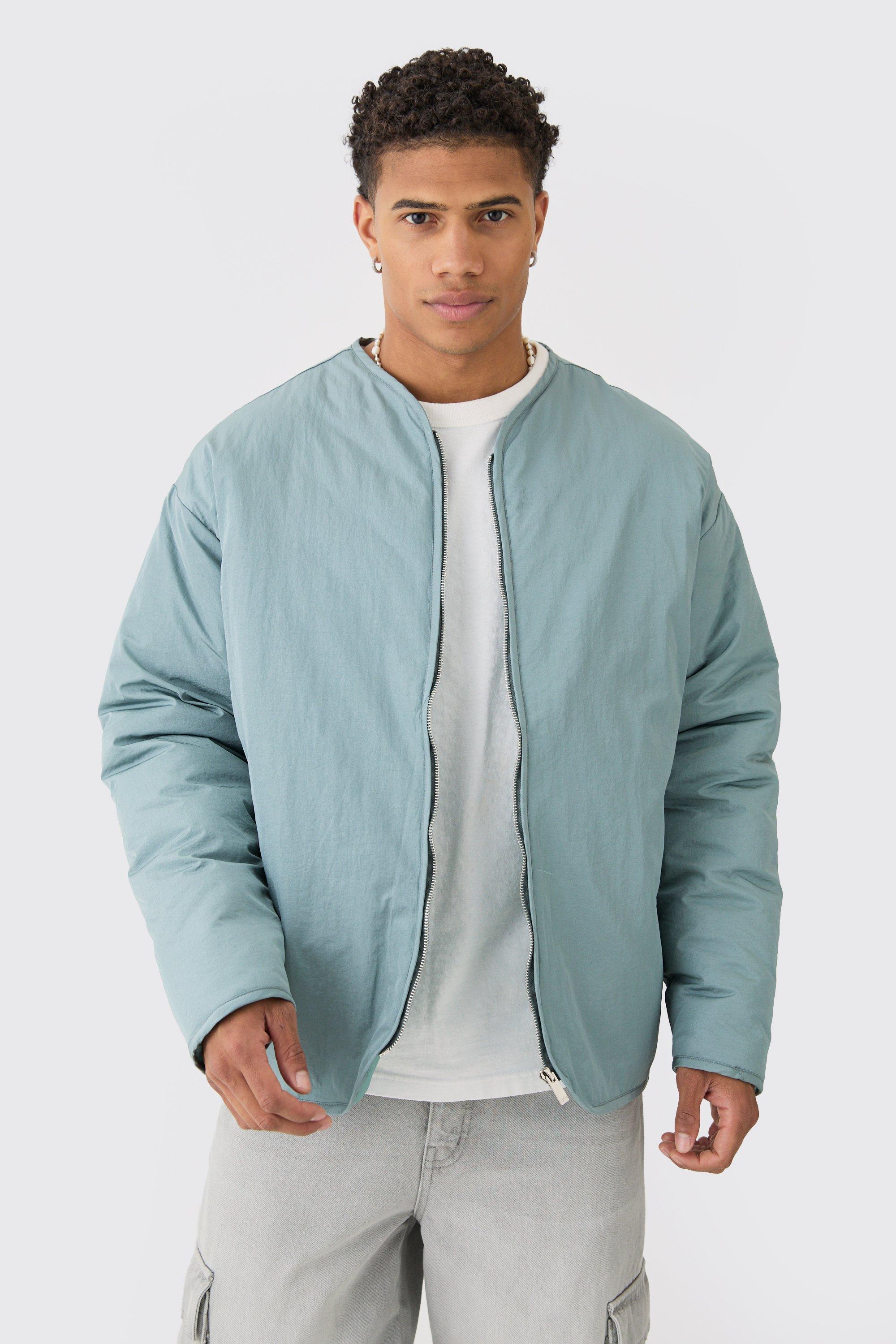 Oversized Collarless Padded Bomber Jacket In Slate | boohooMAN USA product image