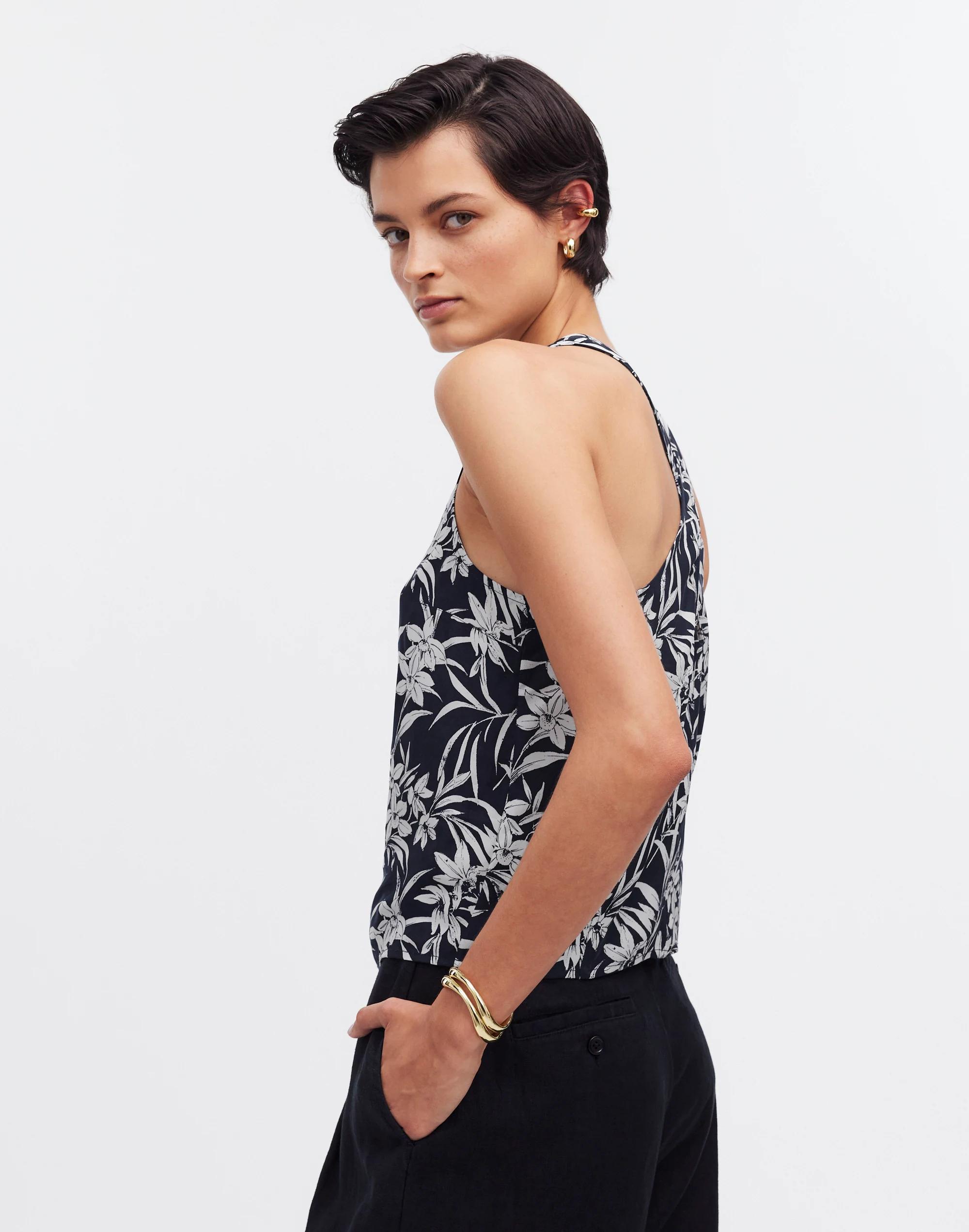 Crisscross-Back Sleeveless Top in Floral Cupro-Blend Product Image