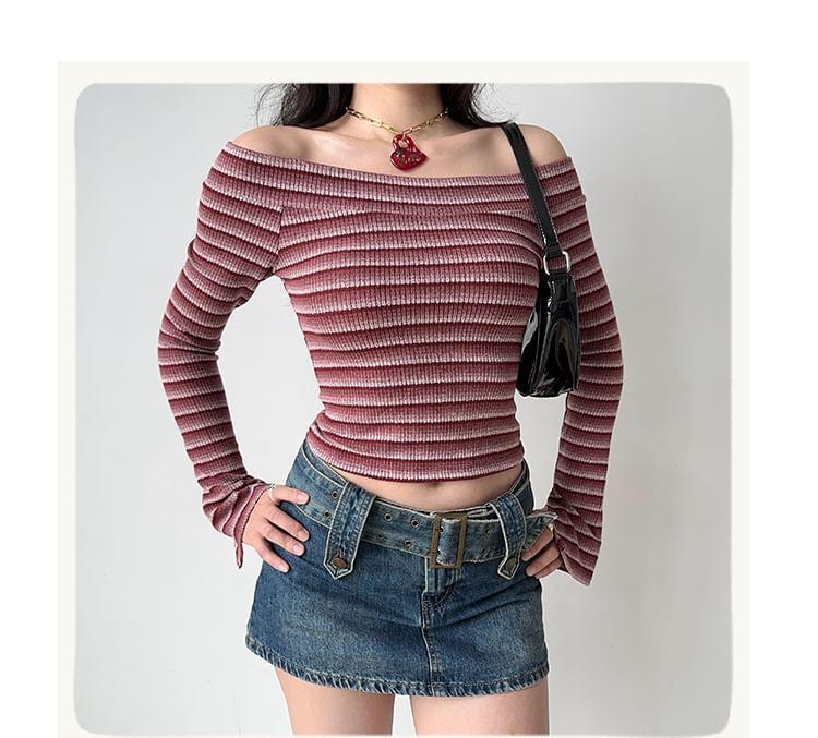 Long-Sleeve Off-Shoulder Striped Slim Fit Crop Knit Top Product Image