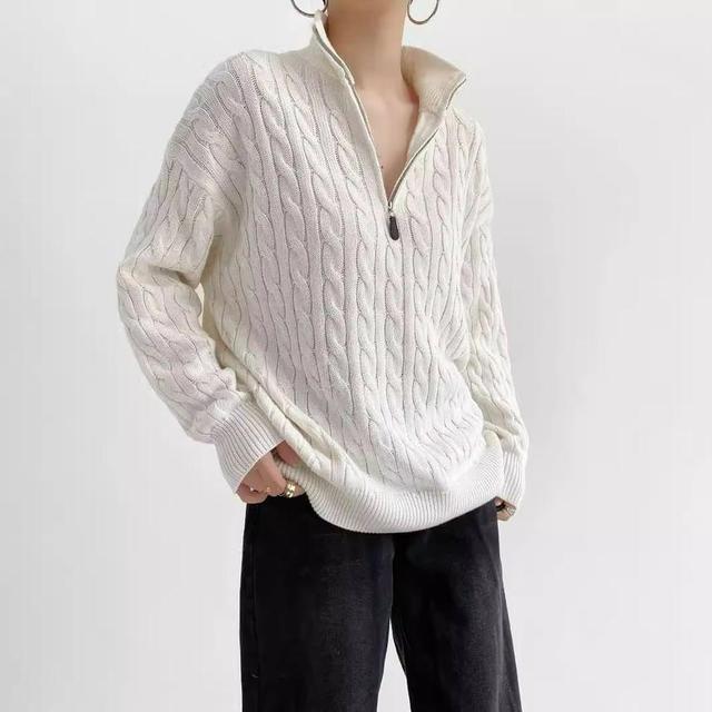 Drop Shoulder Half Zip Cable Knit Oversized Sweater Product Image