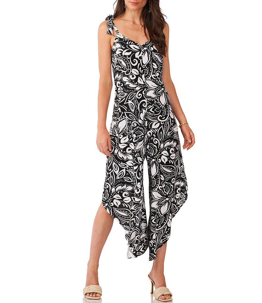 Vince Camuto V-Neck Tie Strap Sleeveless Paisley Asymmetrical Hem Jumpsuit Product Image