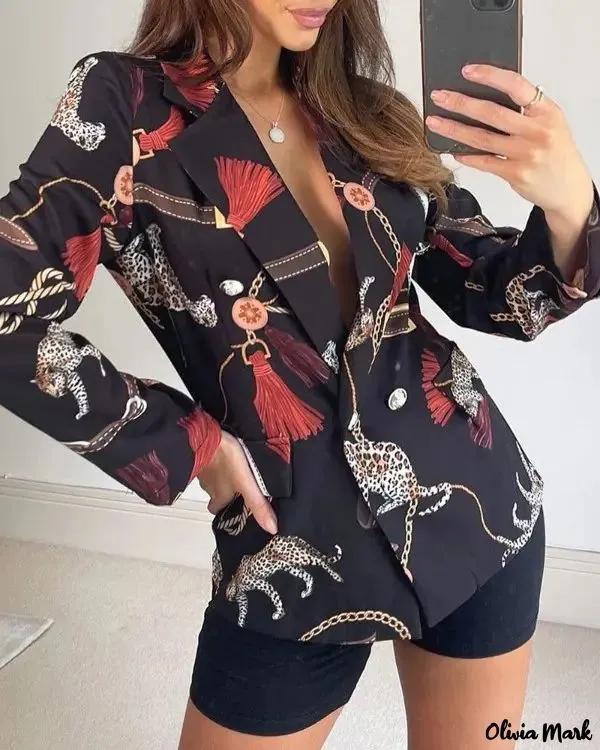 Olivia Mark – Double Button Scarf Print Blazer Coat Product Image