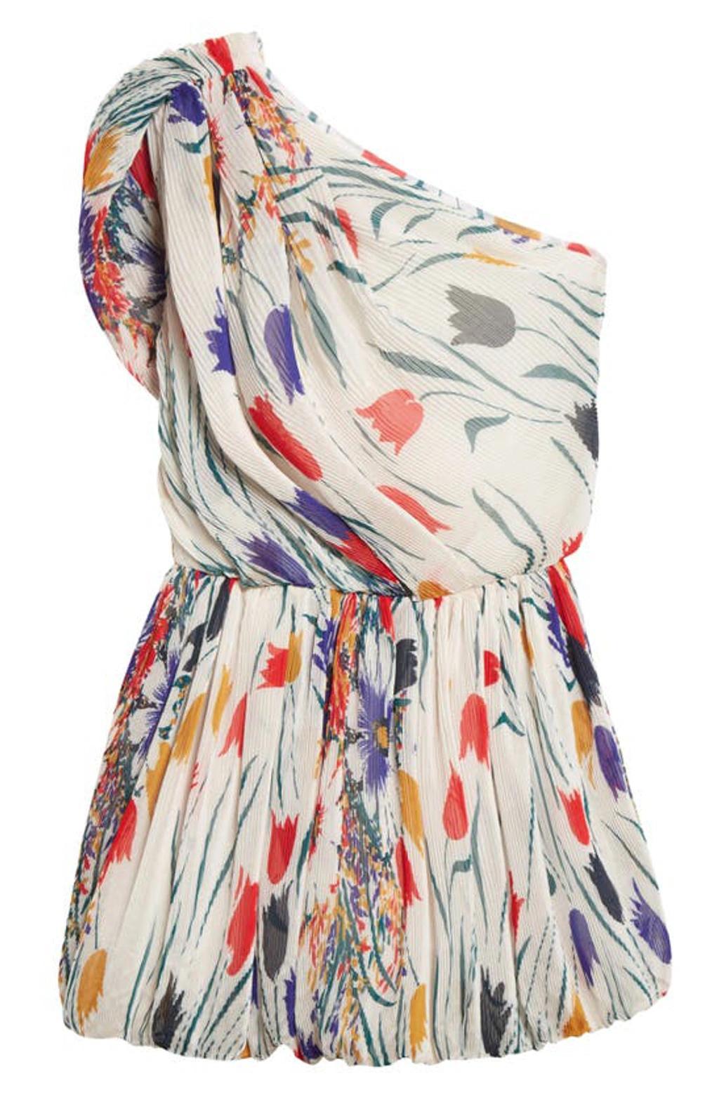 Tulip-print Plisse One-shoulder Mini Dress In Multicolor Product Image