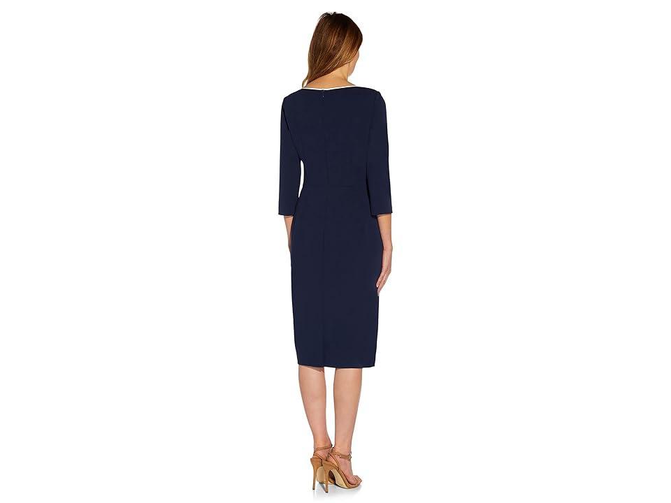 Adrianna Papell Contrasting Trim Boat Neck 34 Sleeve Tie Waist Crepe Sheath Dress Product Image