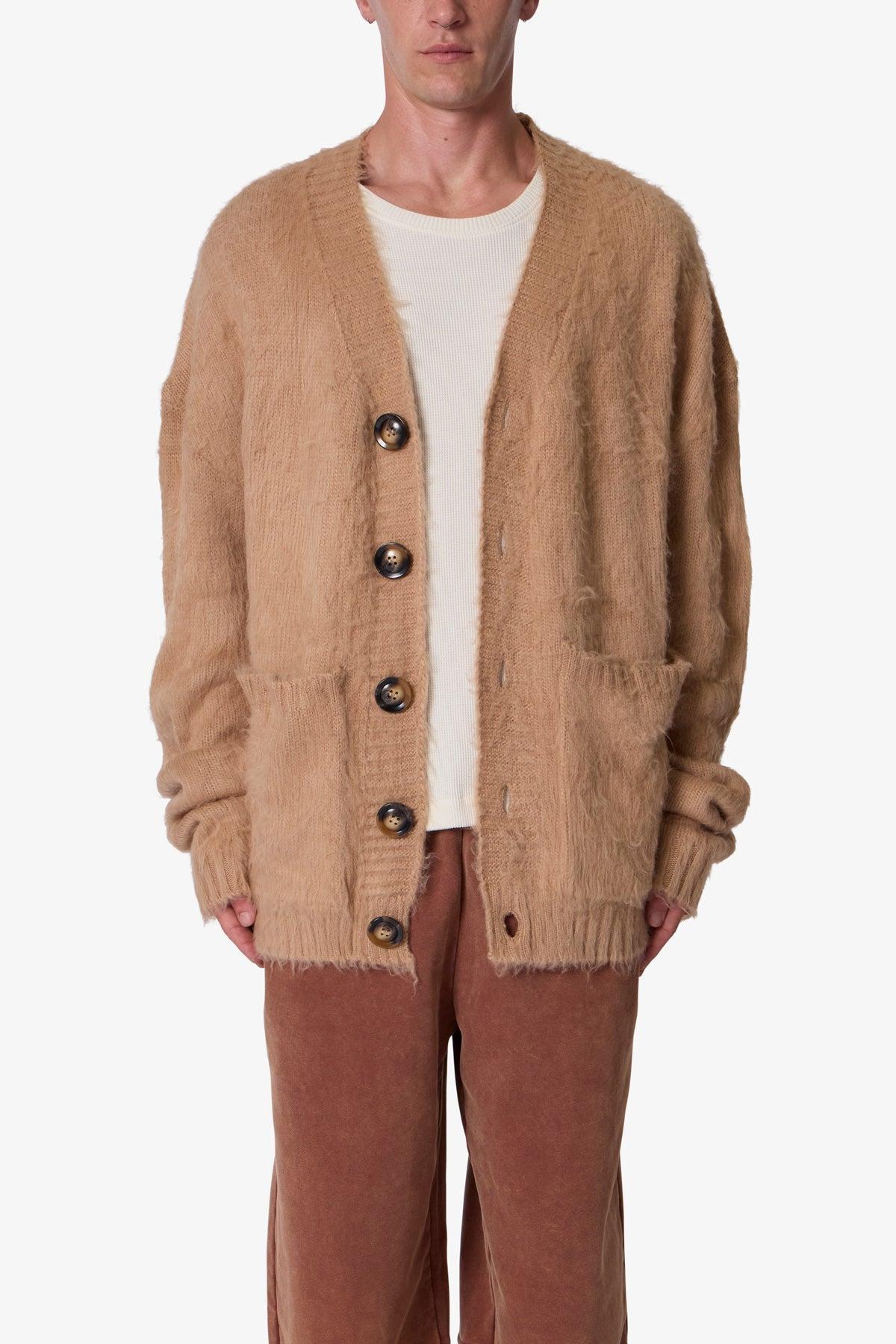 Elongated Fuzzy Cardigan Sweater - Brown Product Image