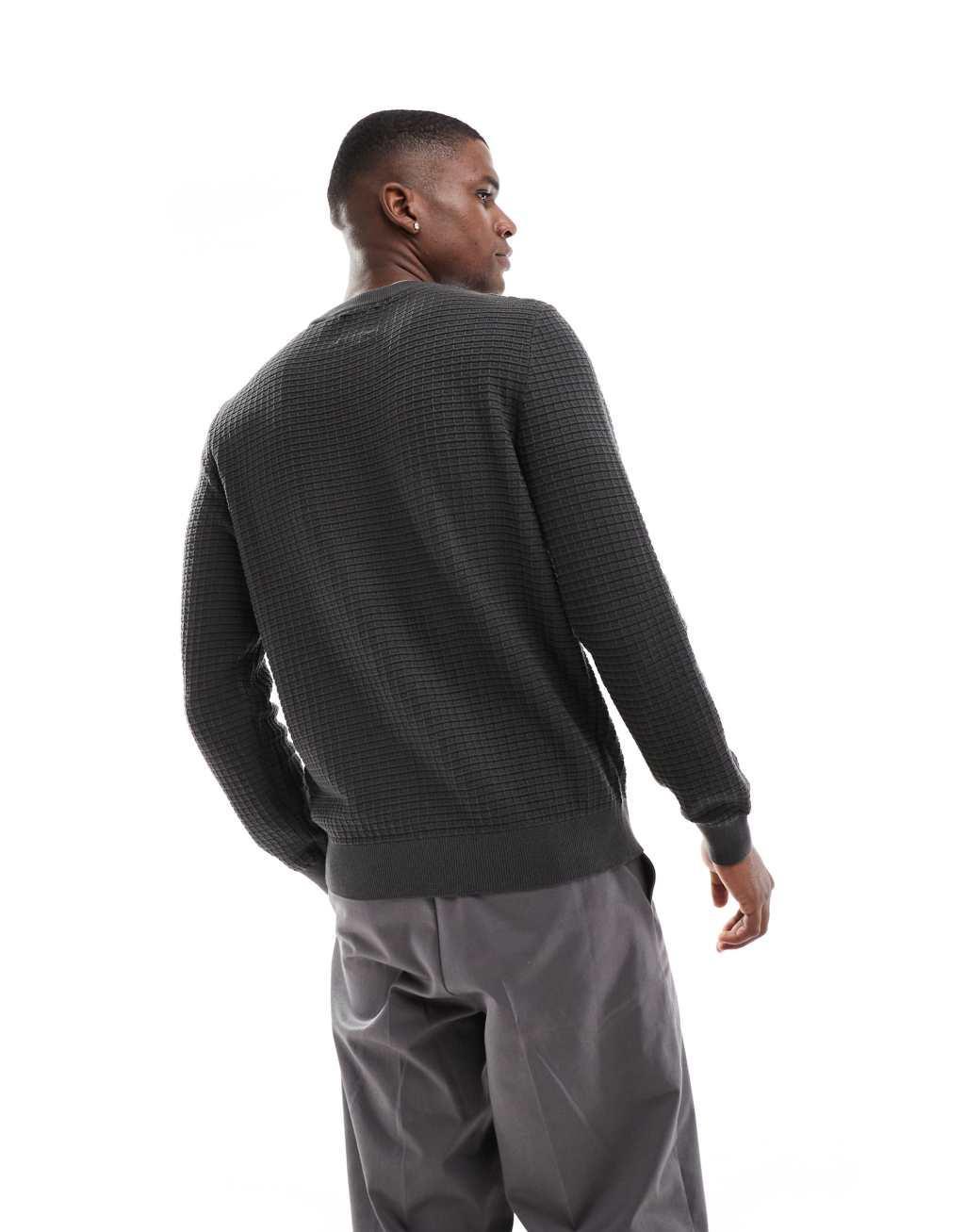 ONLY & SONS waffle crew neck sweater in dark gray Product Image