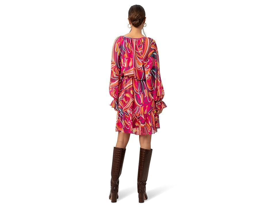 Trina Turk Viti Woven Broadway Blossom Floral Print Drawstring Tie V-Neck Long Sleeve Tiered Blouson Dress Product Image