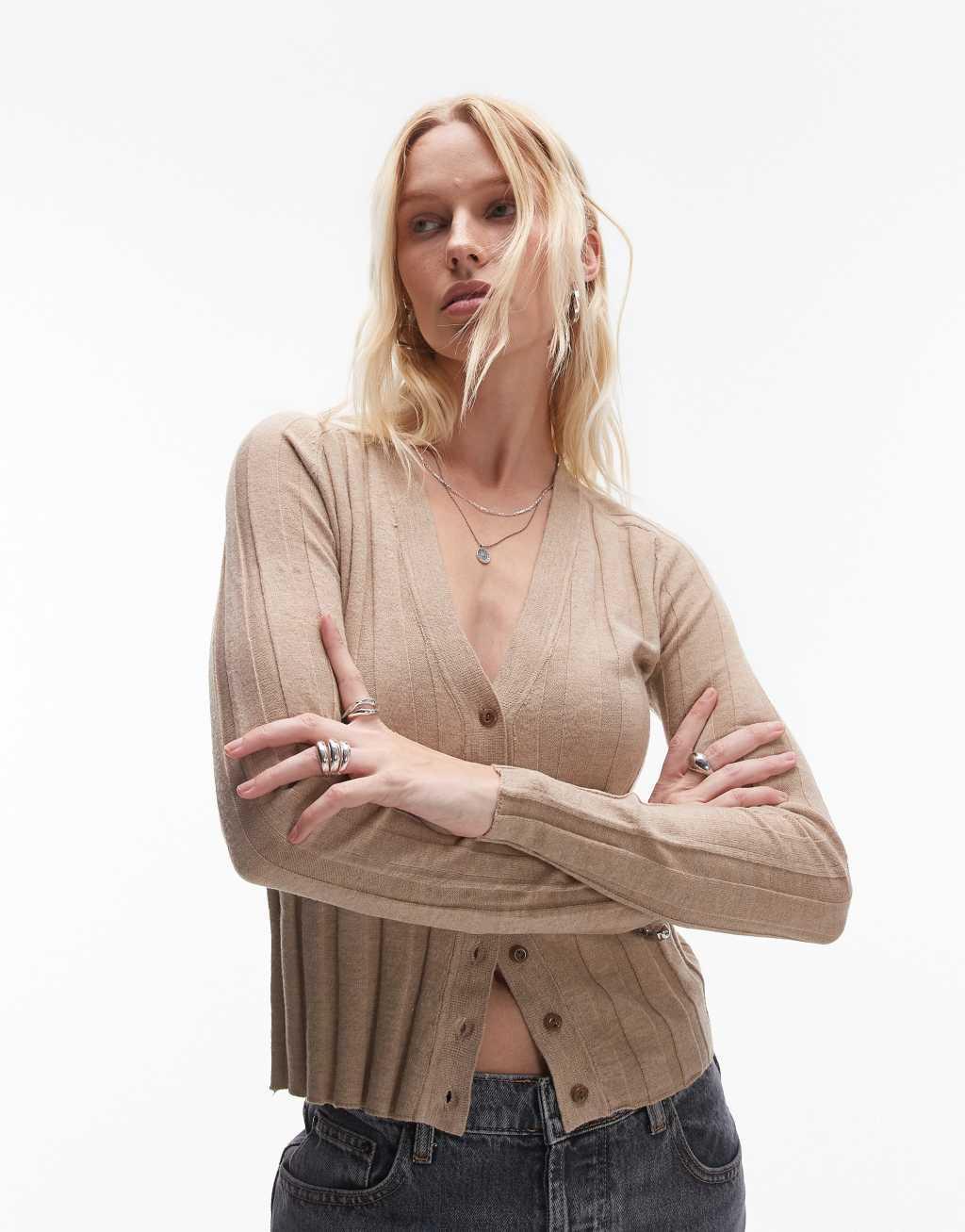 Mango ribbed button down cardigan in beige Product Image