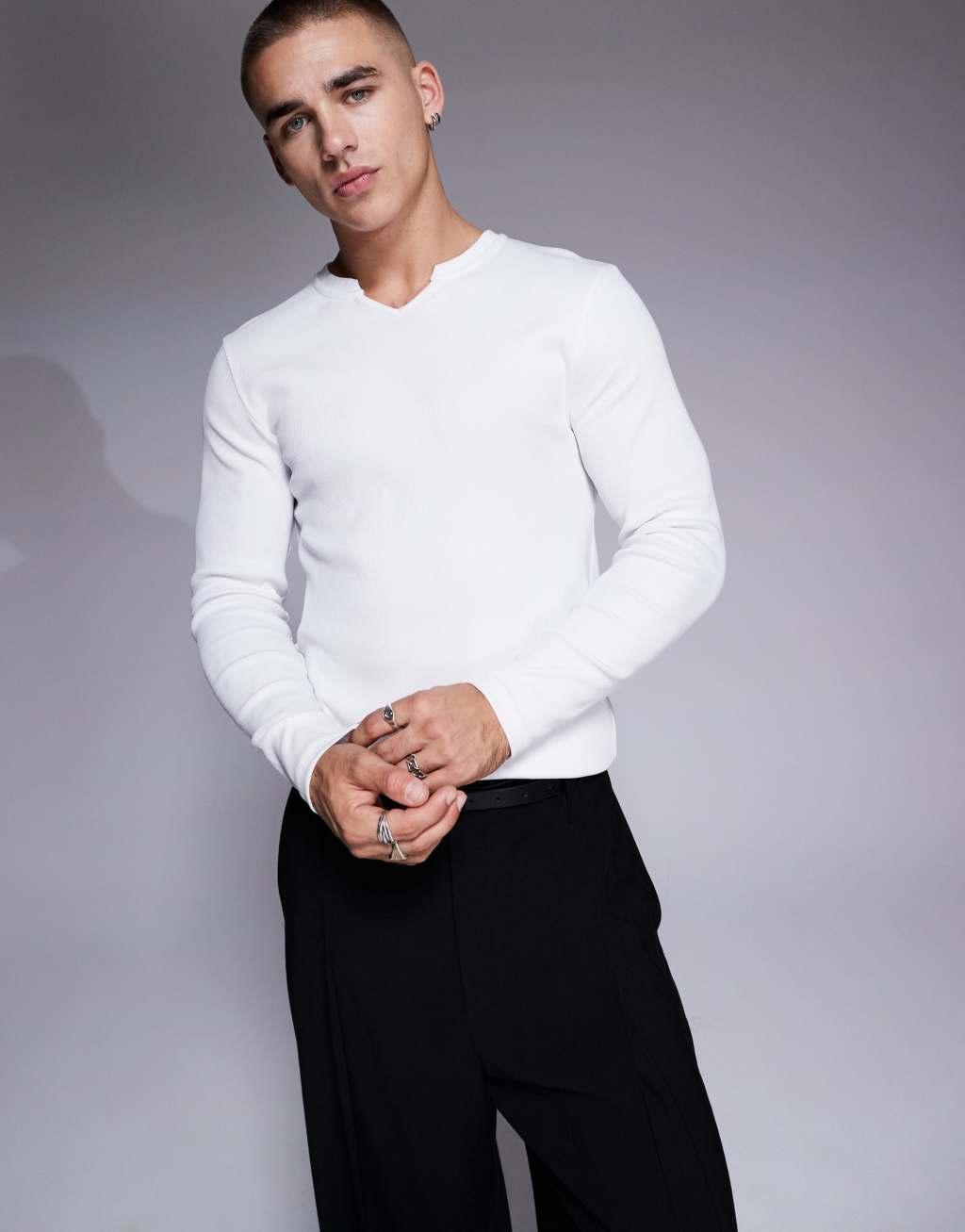 ASOS DESIGN muscle fit long sleeve rib t-shirt with notch neck in white Product Image