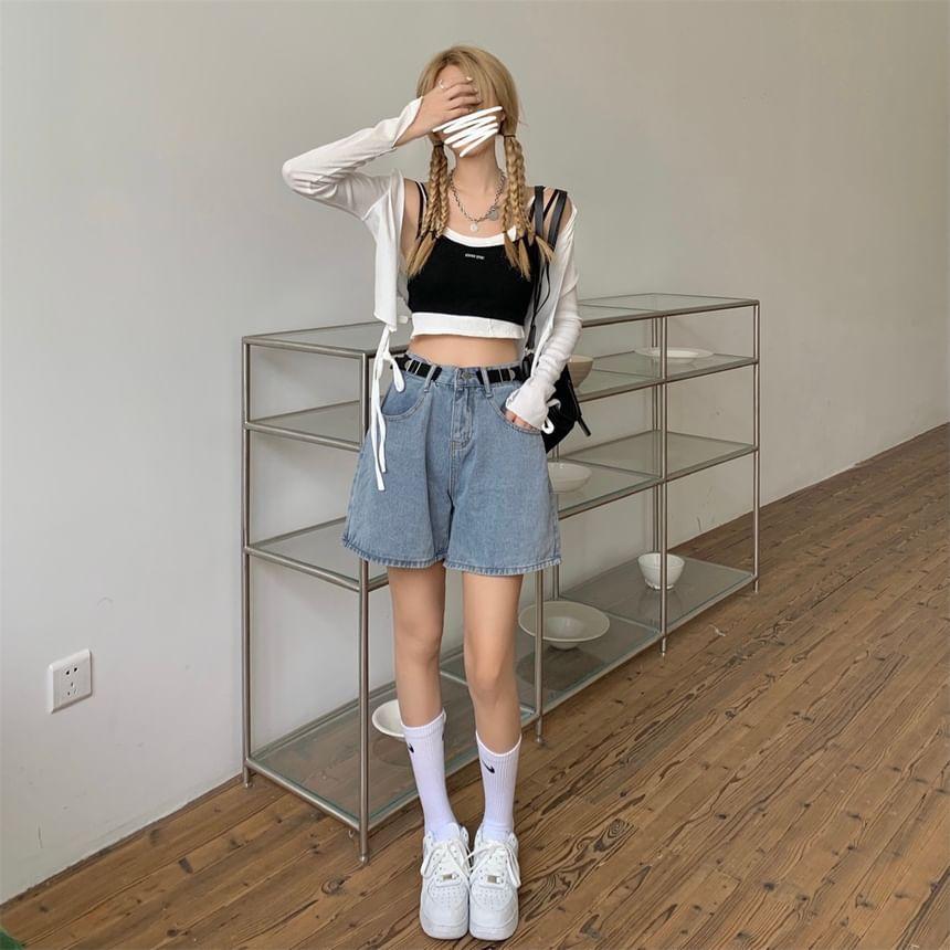 High Waist Washed Wide Leg Denim Shorts Product Image