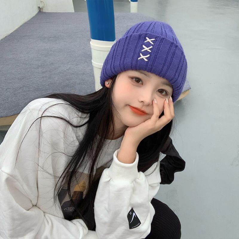 Cross Embroidered Ribbed Beanie product image