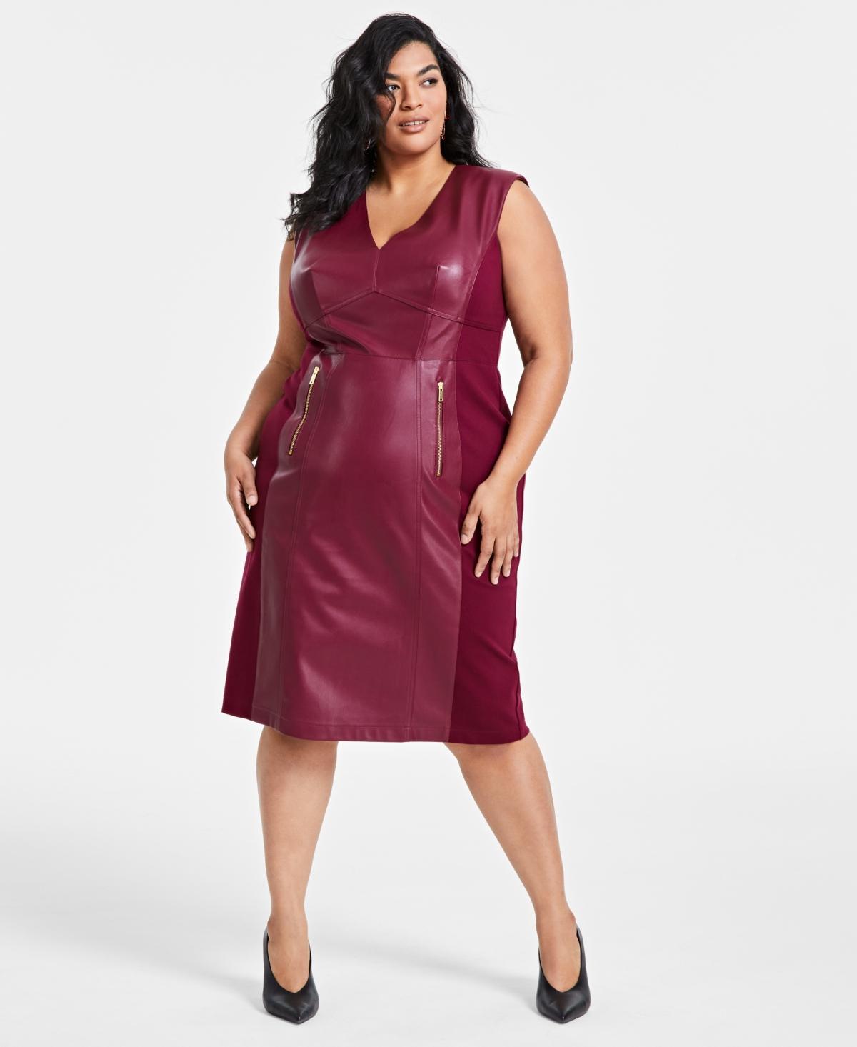 I.n.c. International Concepts Womens V-Neck Faux-Leather Midi Dress, 0-28W, Created for Macys Product Image