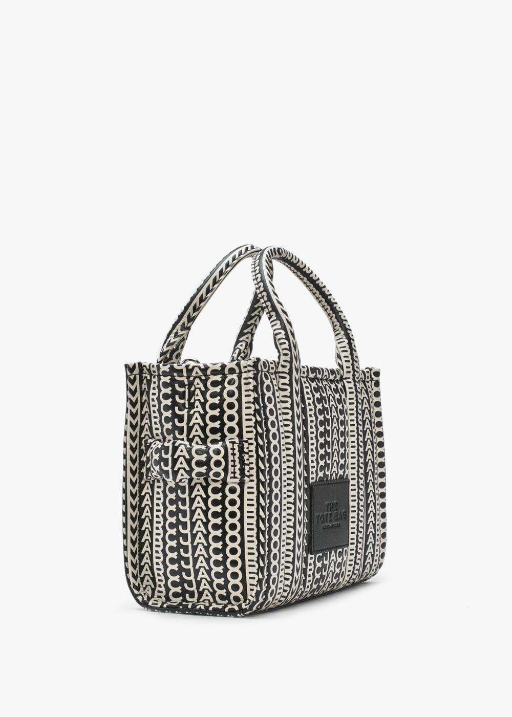 MARC JACOBS The Monogram Leather Small Black & White Tote Bag In Black Leather Product Image