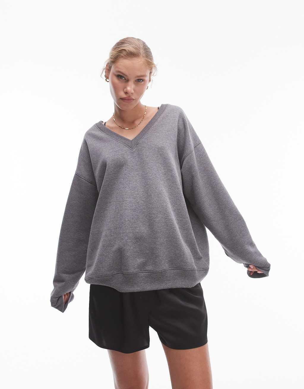 Topshop slouchy v neck sweat in gray heather Product Image