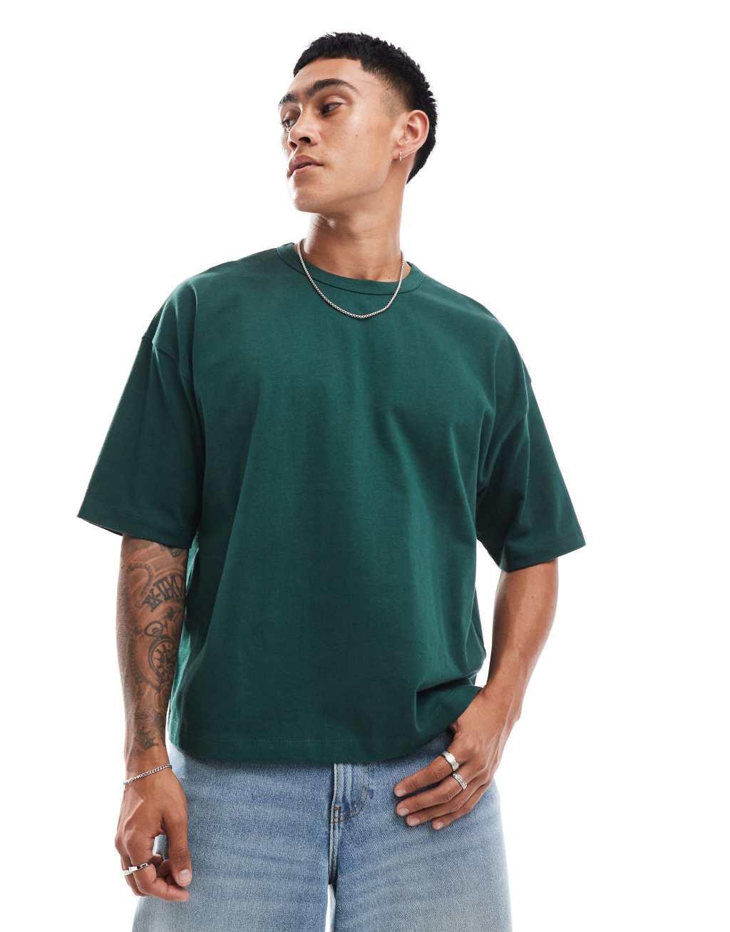 ASOS DESIGN essential heavyweight oversized boxy t-shirt 240gsm in dark green Product Image