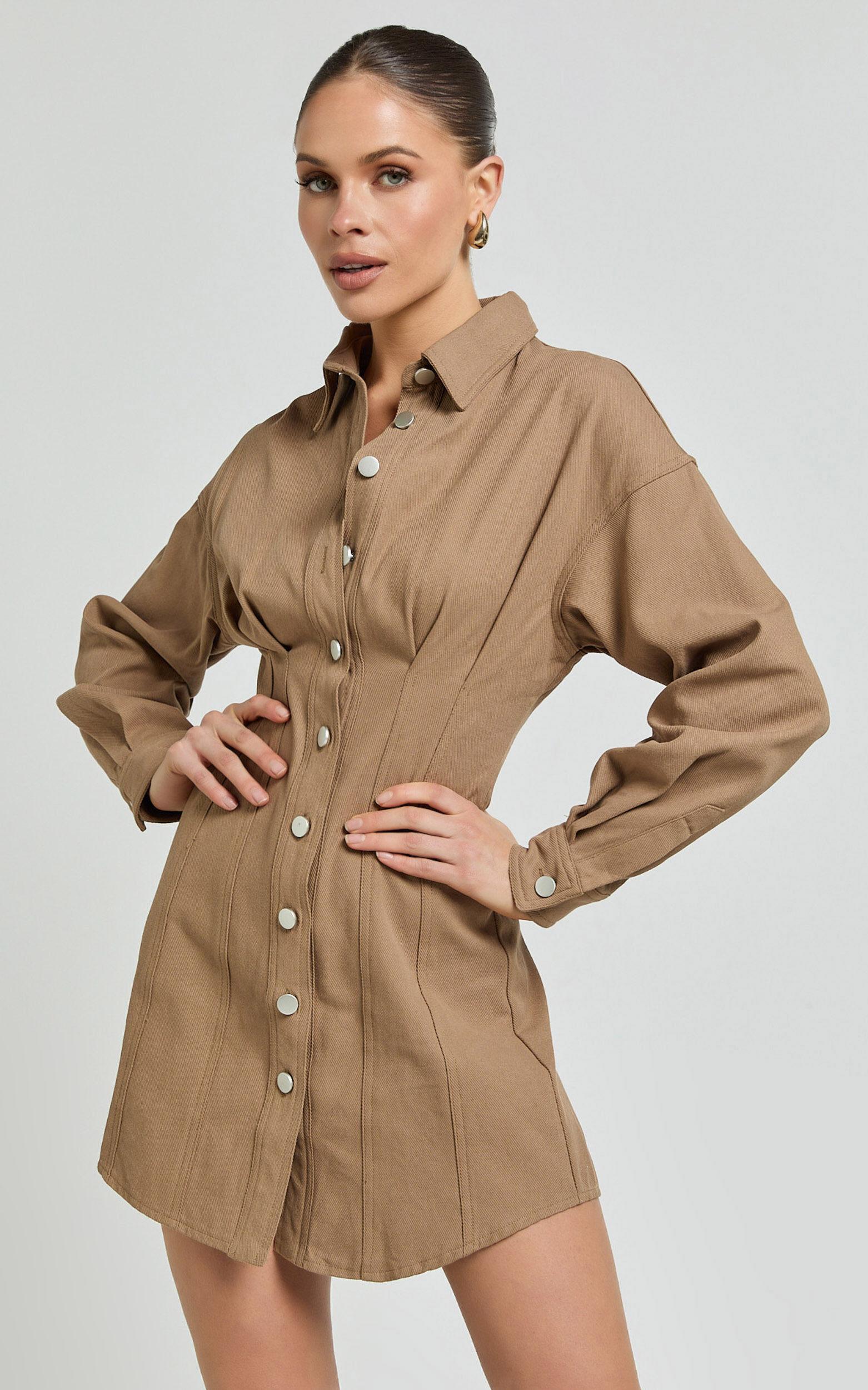 Sofia Mini Dress - Button Through Long Sleeve Dress in Mocha Product Image