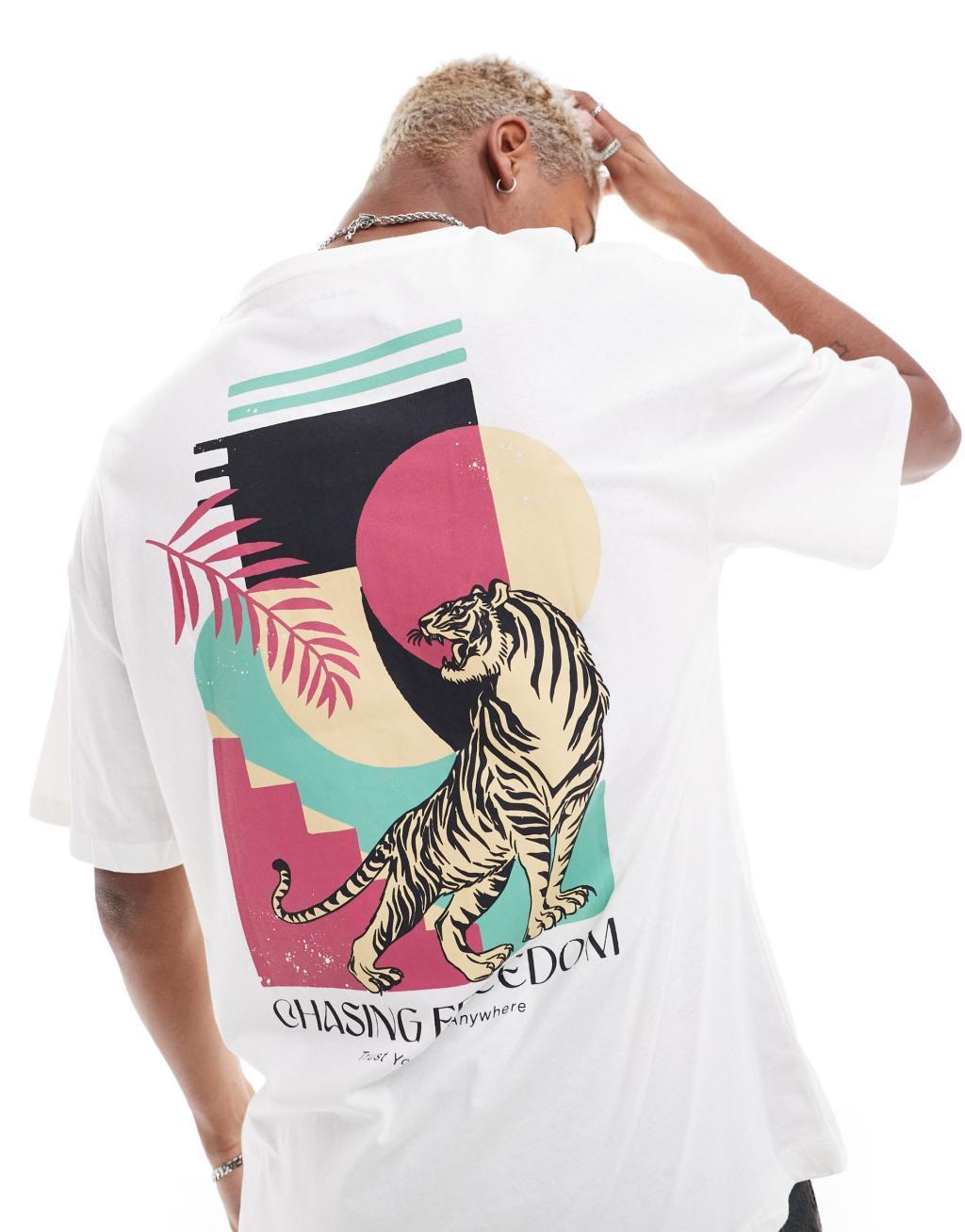 Jack & Jones oversized T-shirt with tiger back print in white  Product Image