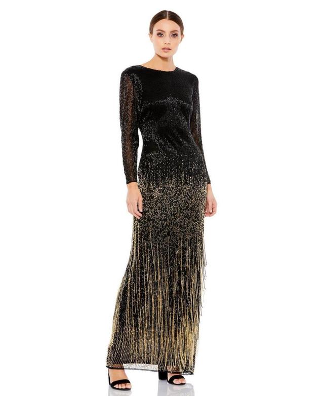 Womens Long Sleeve Beaded Fringe Column Gown Product Image