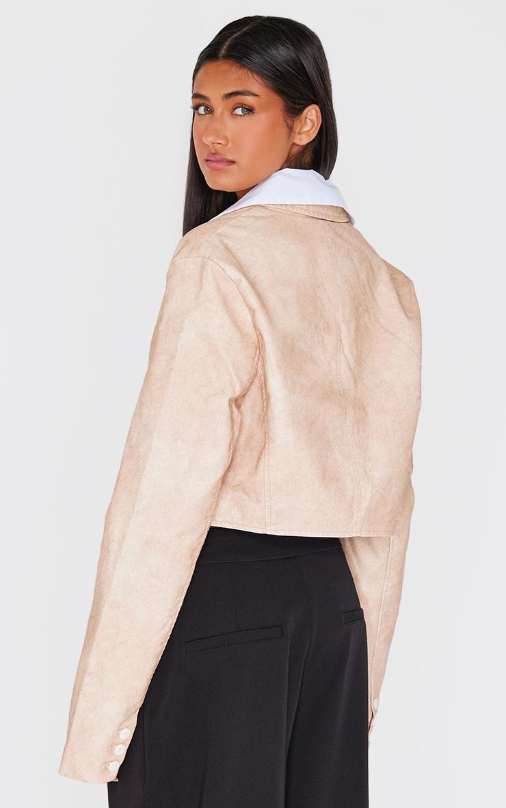 Cream Distressed Faux Leather Crop Jacket Product Image