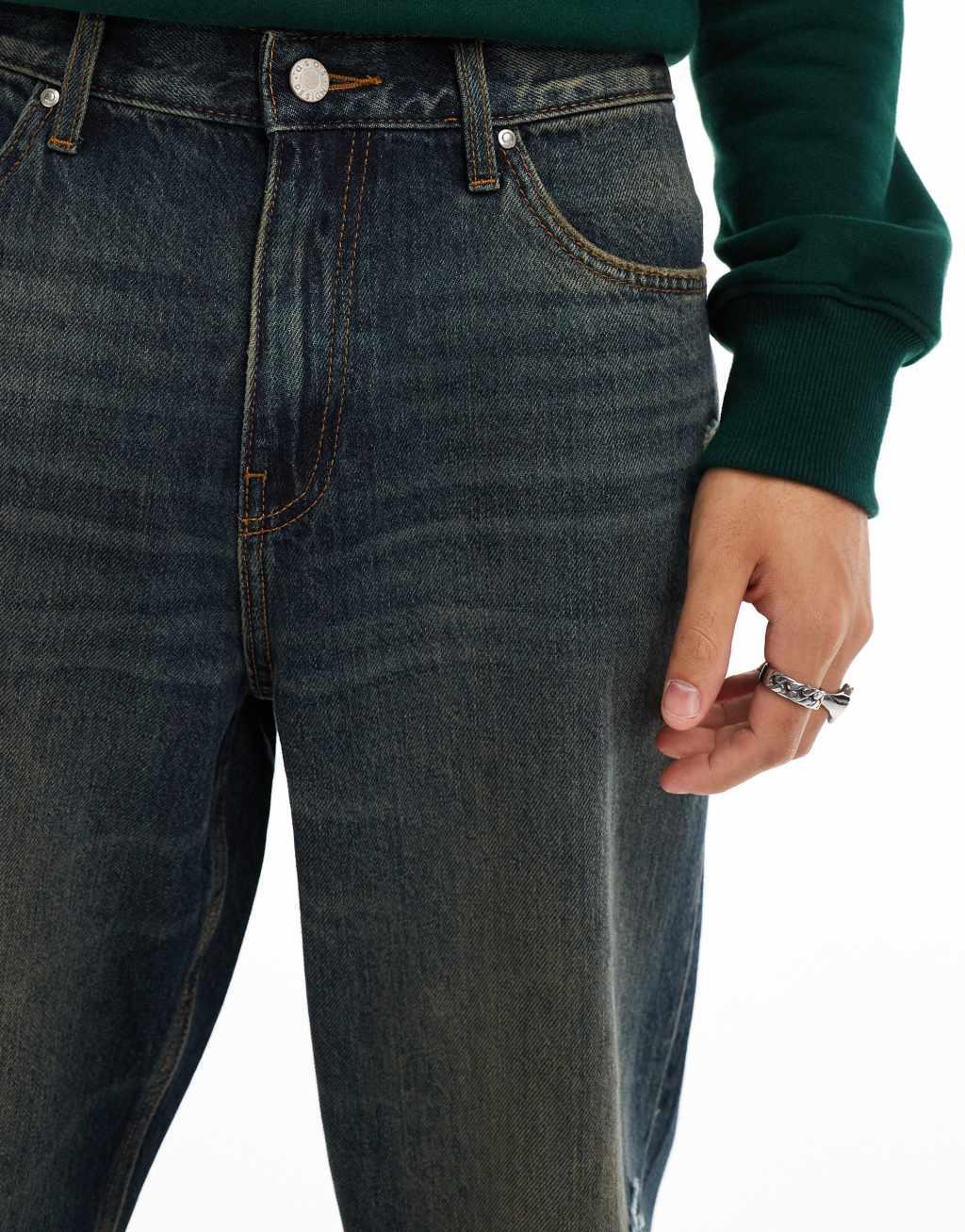 ASOS DESIGN baggy jeans with rips in mid wash blue  Product Image