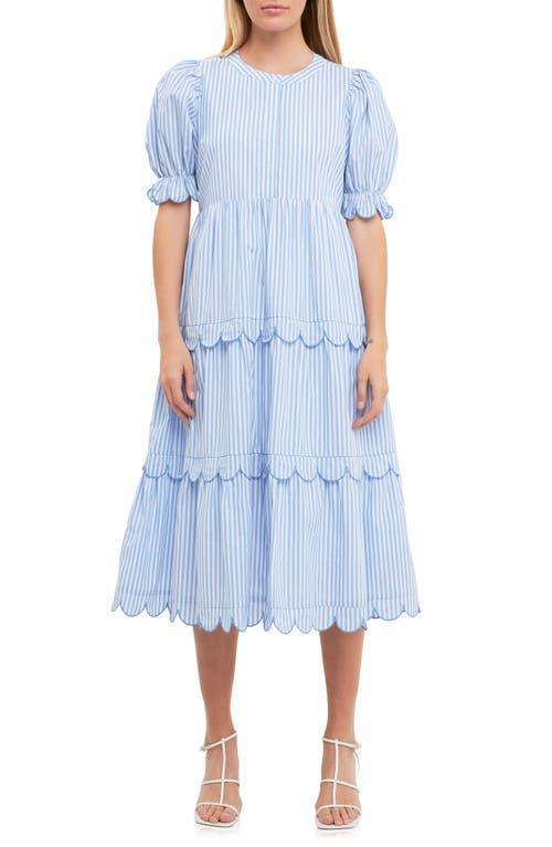 English Factory Stripe Scallop Edge Tiered Midi Dress Product Image