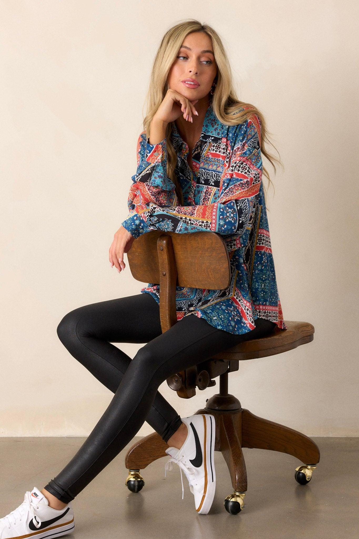 Brave New World Blue Patchwork Print Top Product Image