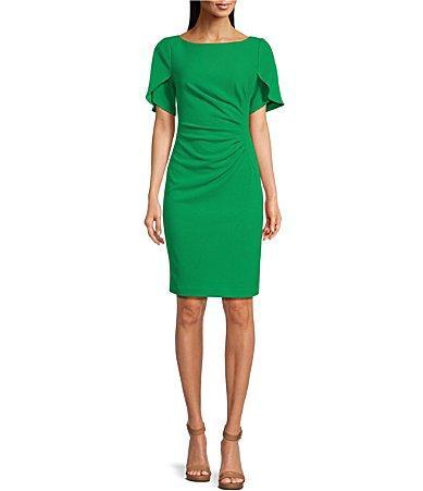 DKNY Stretch Boat Neck Short Tulip Sleeve Ruched Bodice Sheath Dress Product Image