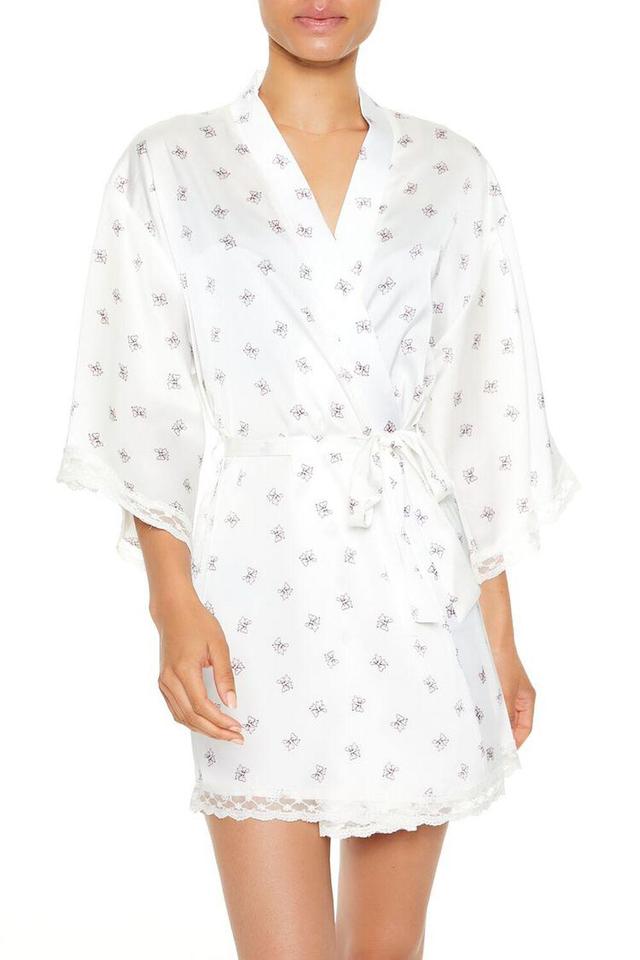 Lace-Trim Bow Print Satin Robe | Forever 21 Product Image