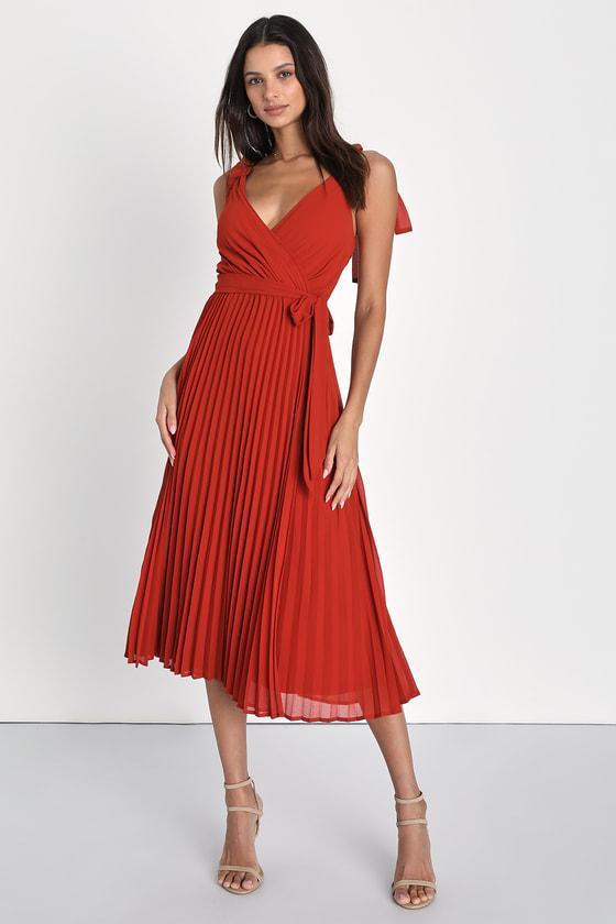 Charming Connection Rust Red Pleated Tie-Strap Midi Dress Product Image