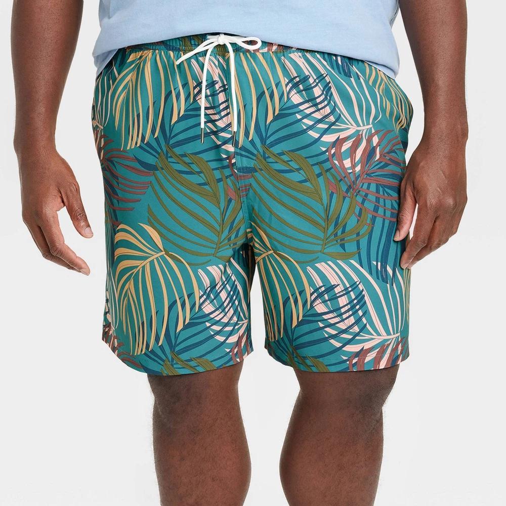 Mens Big & Tall Leaf Print 7 Regular Fit Swim Shorts - Goodfellow & Co Blue 5XL Product Image